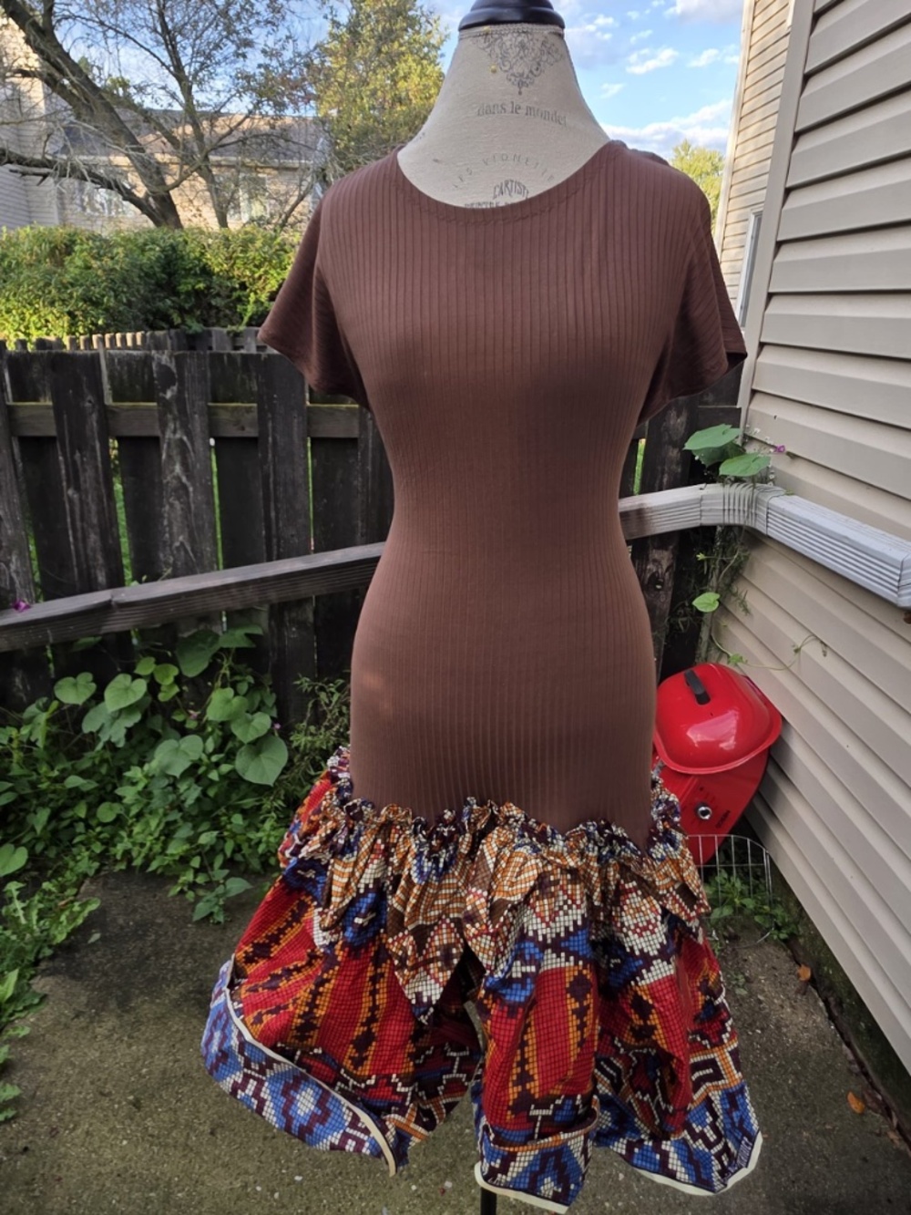 Brown Ribbed & Ankara Ruffle Dress - Picture 2 of 5